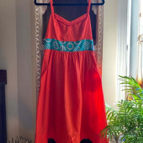 Anthropologie Edme & Esyllte Redish Orange Dress with Green Waist Size 6 - Picture 2 of 10